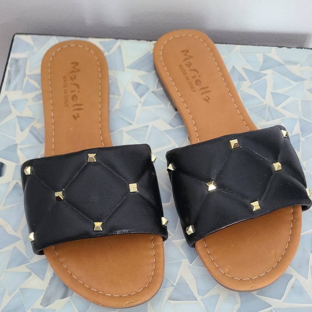 Leather flats, black with gold studs. Size 8